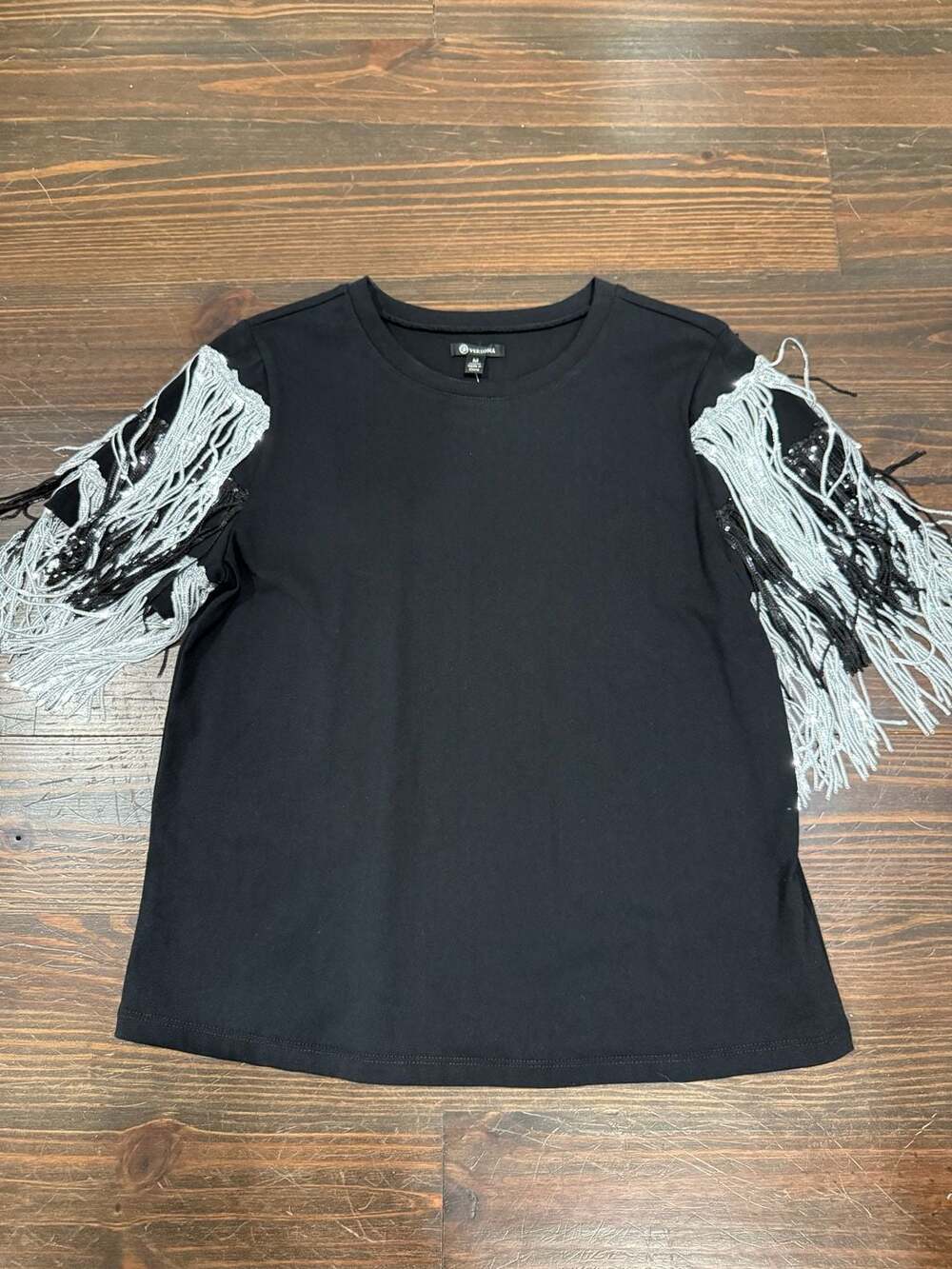 Versona Fringe Sleeve Top Size M Black Sequin T-Shirt, Brand New